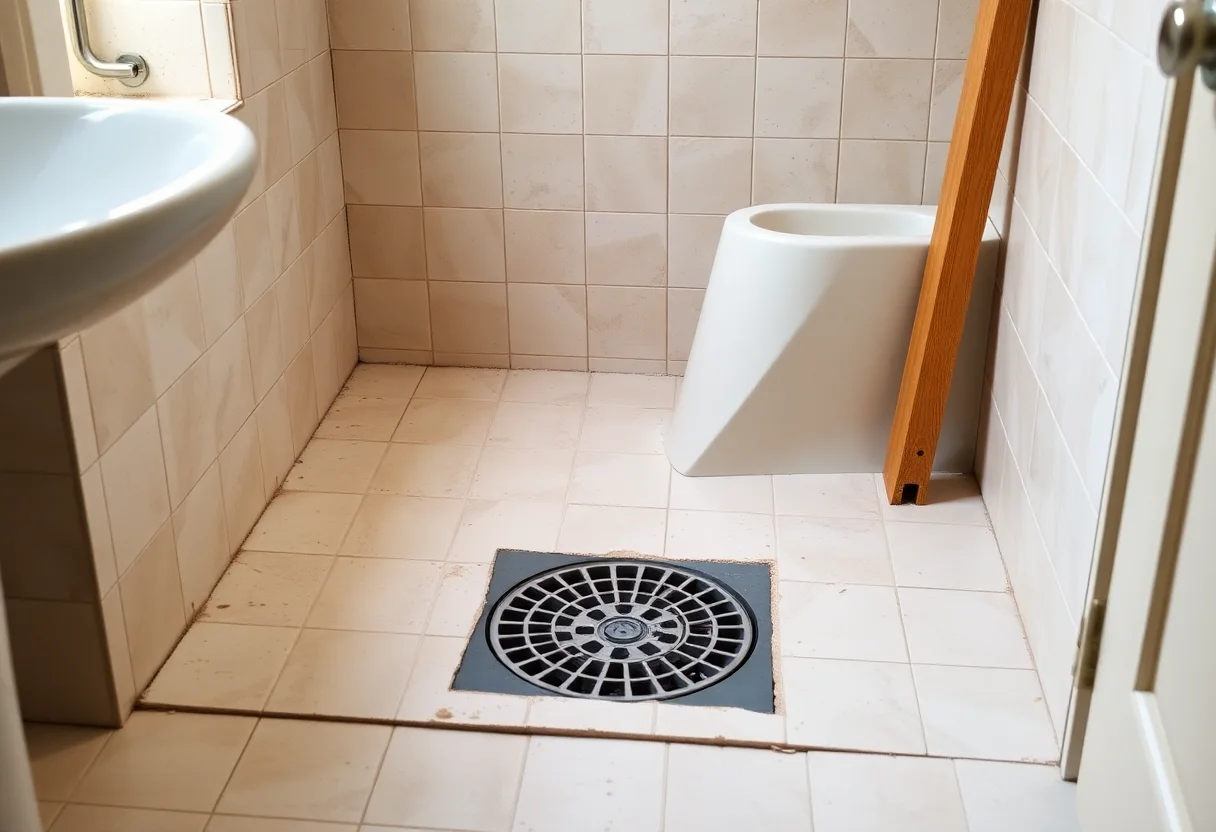 Pente et siphon d'une douche à l'italienne en cours de pose