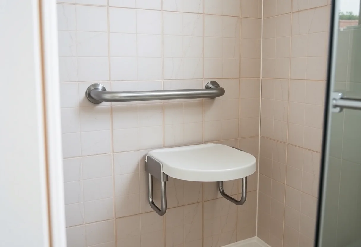 Barre d'appui et siège relevable dans une douche sénior