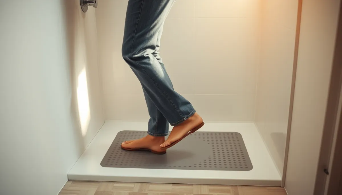 Personne entrant dans une douche avec un receveur extra-plat, illustrant l'accessibilité