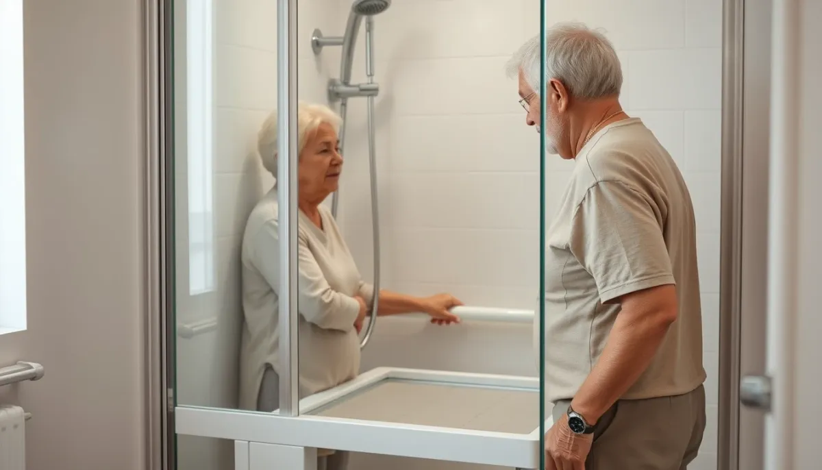 Personne âgée utilisant une douche accessible avec receveur extra-plat