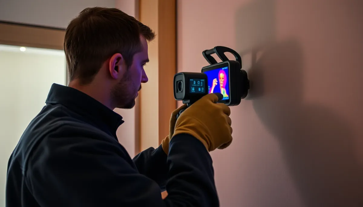 Technicien utilisant une caméra thermique pour détecter une fuite d'eau derrière un mur sans casser