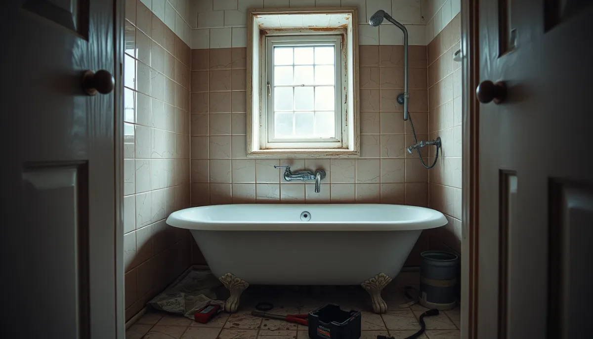 Ancienne baignoire déposée dans une salle de bains vétuste avant rénovation en douche à l'italienne