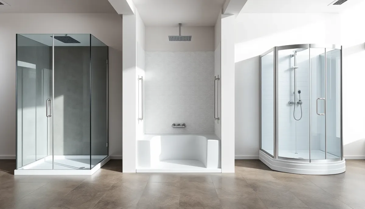 Comparatif visuel entre douche à l'italienne, receveur extra-plat et douche classique en showroom