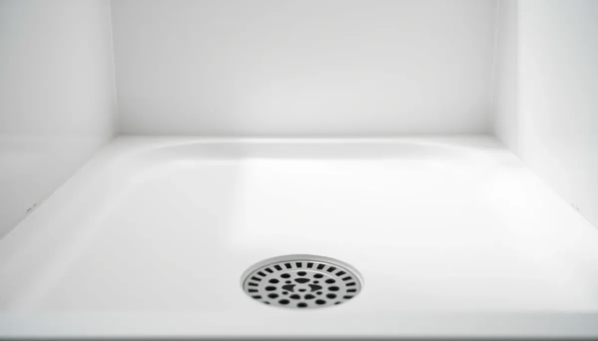 Gros plan sur un receveur de douche en céramique blanche extra-plate avec évacuation centrale