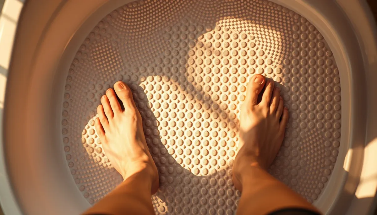 Pieds nus sur un receveur de douche antidérapant, illustrant la sécurité et le confort d'utilisation