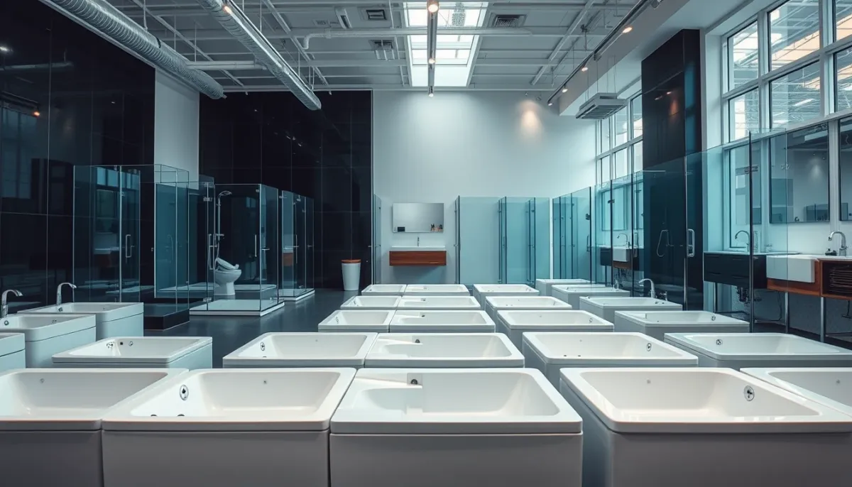 Showroom de salle de bains présentant une gamme de receveurs de douche de différents matériaux et dimensions