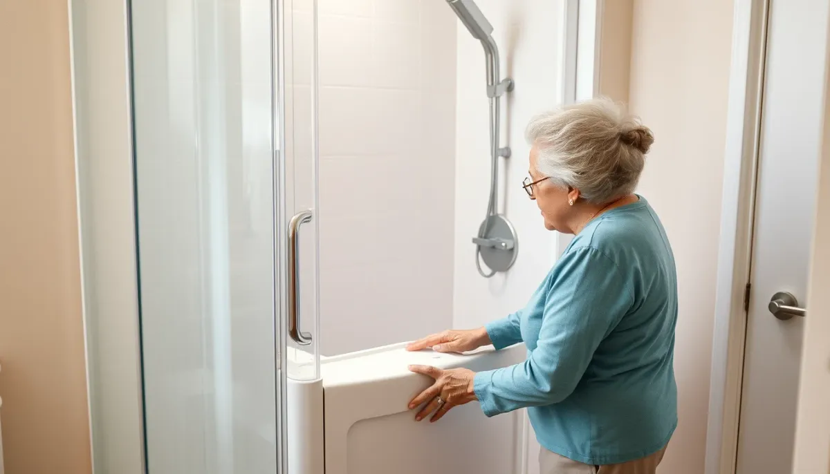 Personne âgée utilisant une douche à l'italienne accessible avec un receveur extra-plat, accompagnée d'un aidant