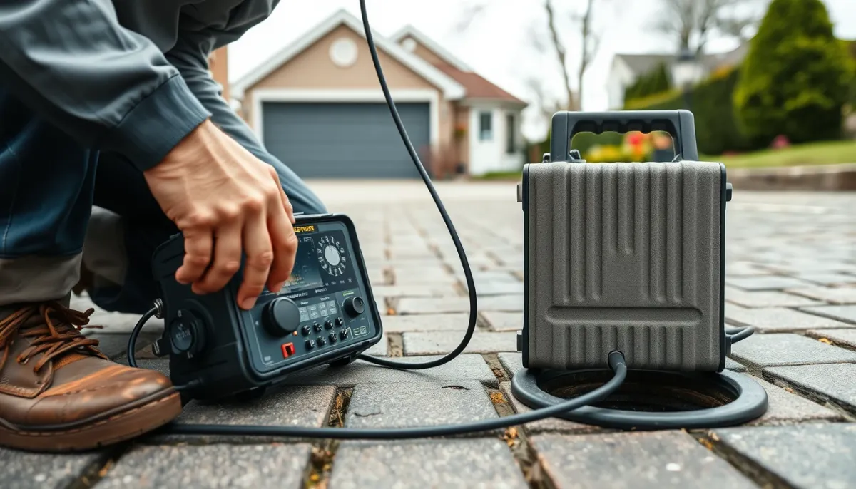 Plombier utilisant un équipement de détection électroacoustique pour localiser une fuite enterrée