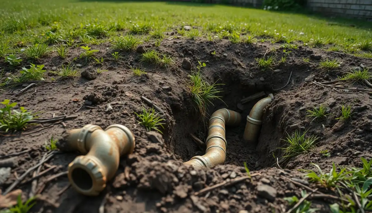Tranchée creusée dans un jardin révélant des canalisations enterrées corrodées
