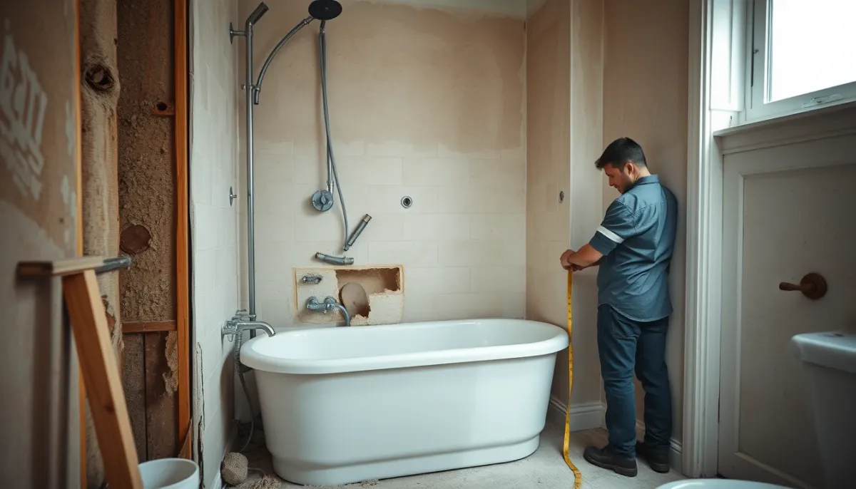 Chantier de rénovation de salle de bains avec dépose de baignoire et plomberie apparente