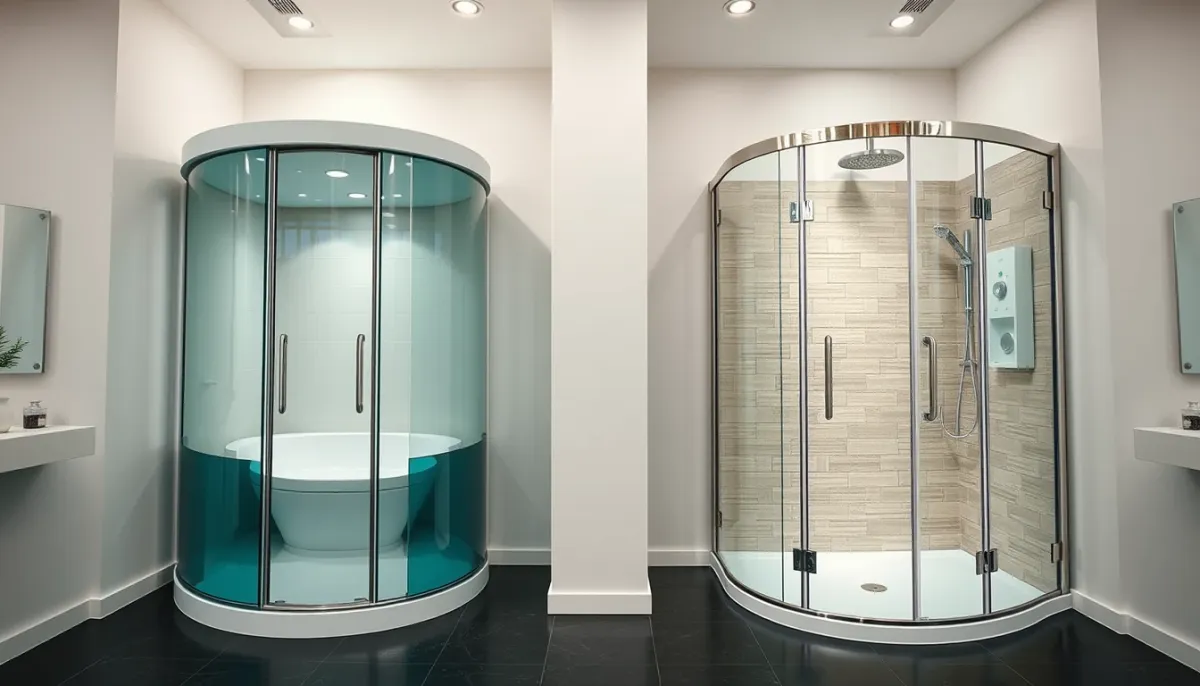 Comparaison entre une cabine de douche classique et une douche à l'italienne dans un showroom