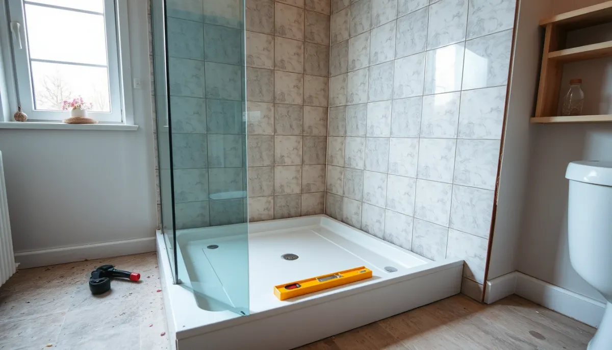 Pose d'un receveur de douche bas lors de la rénovation d'une salle de bains d'appartement