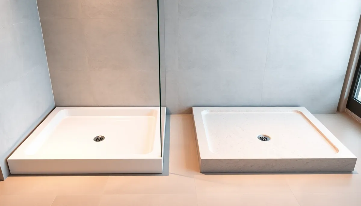Comparatif visuel de deux receveurs de douche de hauteurs et matériaux différents