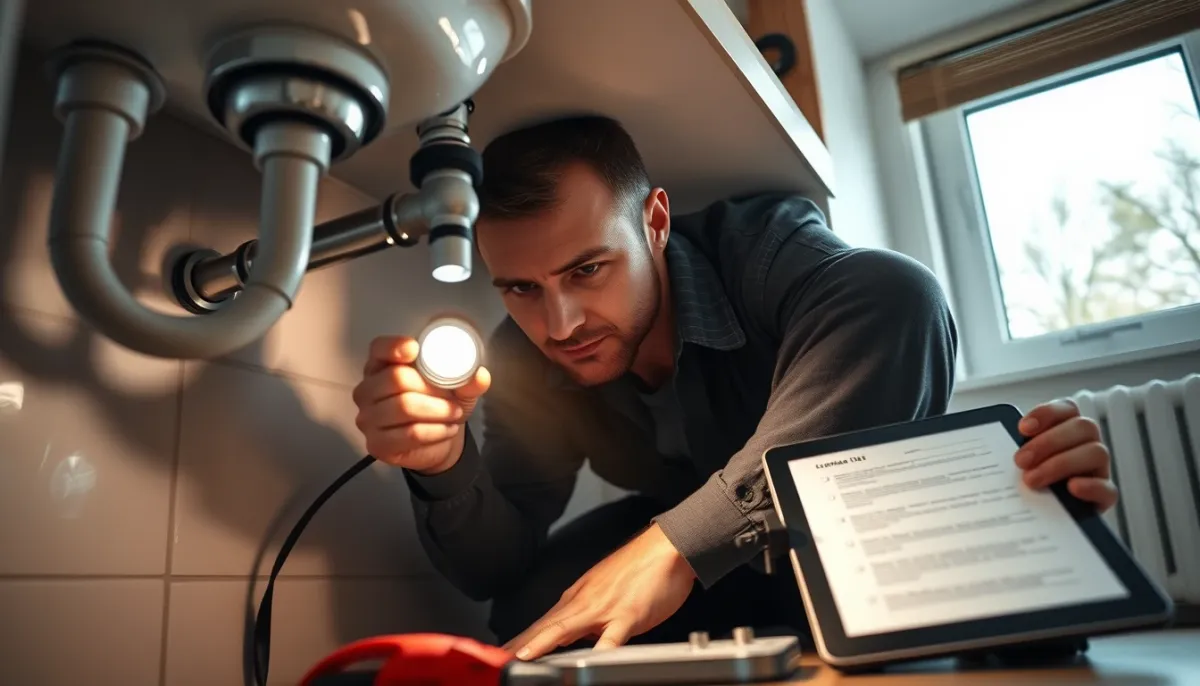 Plombier inspectant des canalisations sous un évier pour prévenir les fuites après compteur