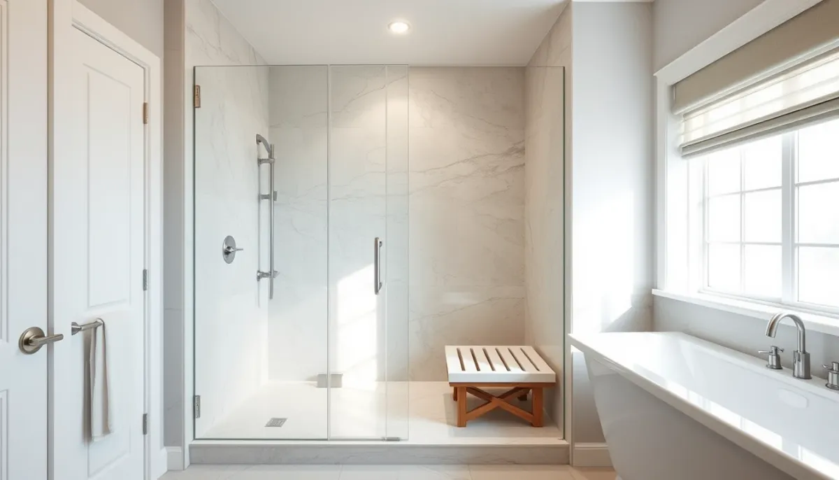 Douche à l'italienne terminée avec receveur extra-plat, paroi en verre et siège rabattable intégré