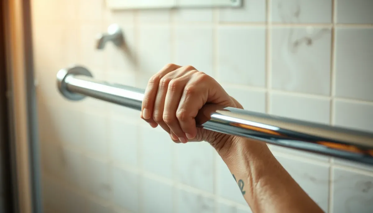 Mains d'une personne âgée s'agrippant à une barre de maintien chromée dans une douche