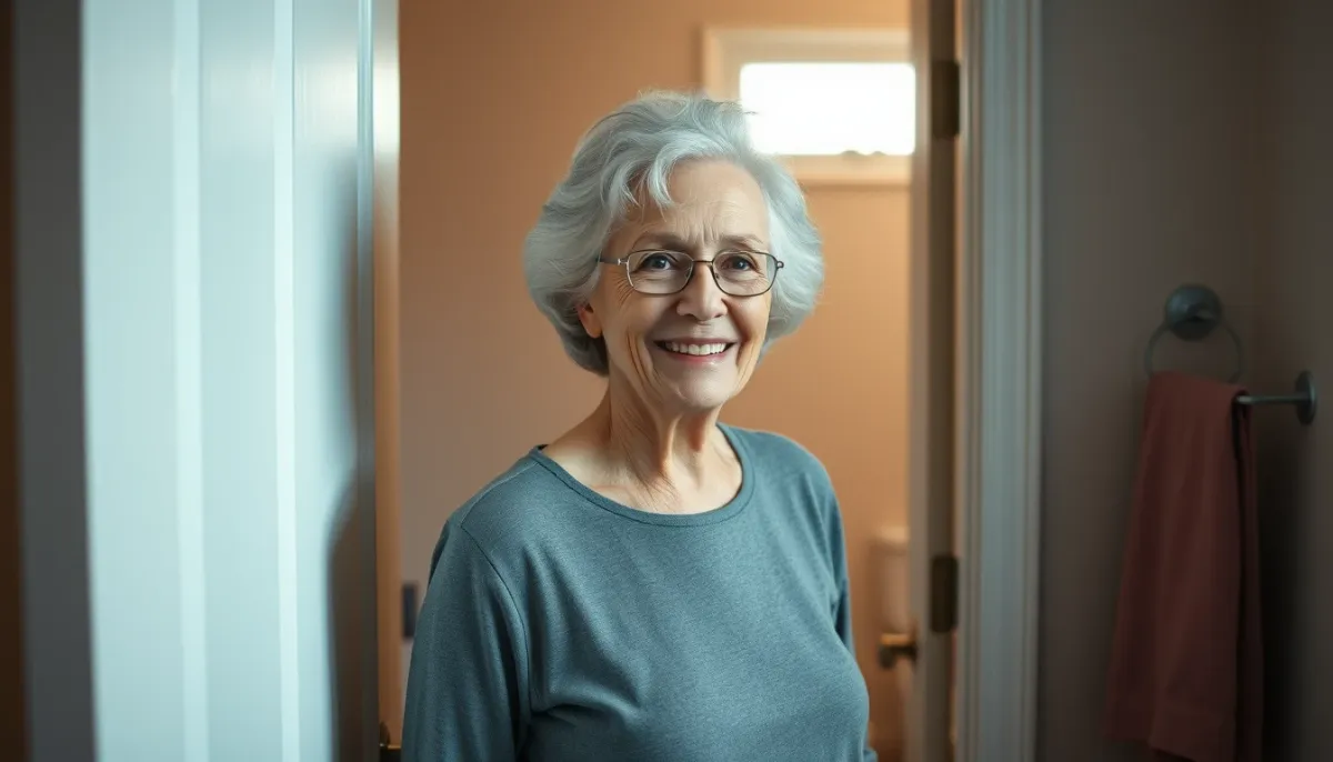Femme senior souriante debout dans l'encadrement d'une porte de salle de bains