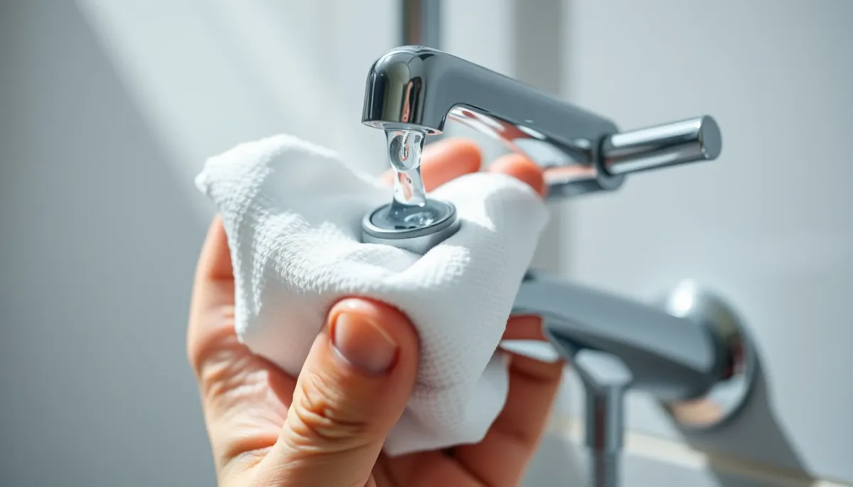 Contrôle d'une fuite de mitigeur de douche avec un papier essuie-tout sec autour des raccords