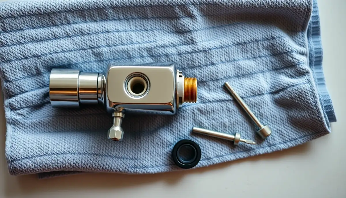 Mitigeur de douche démonté avec cartouche céramique, clé Allen de 2,5 mm et tournevis posés sur une serviette