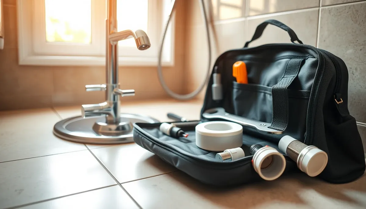 Outils de plombier et pièces de rechange posés près d'un mitigeur de douche dans une salle de bain