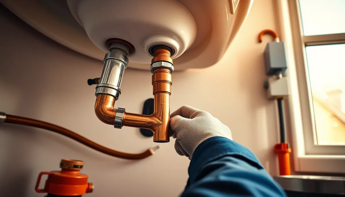 Installation de tuyauterie en cuivre sous un lavabo lors d'une rénovation de salle de bains