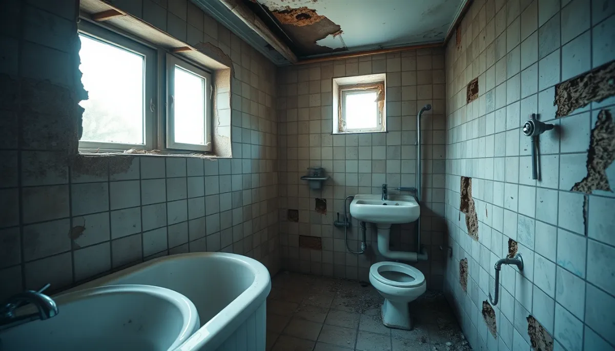 Ancienne salle de bains en cours de démolition avec tuyaux apparents et carrelage abîmé