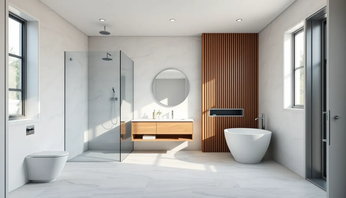 Salle de bains moderne terminée avec douche à l'italienne, meuble suspendu et grands carreaux