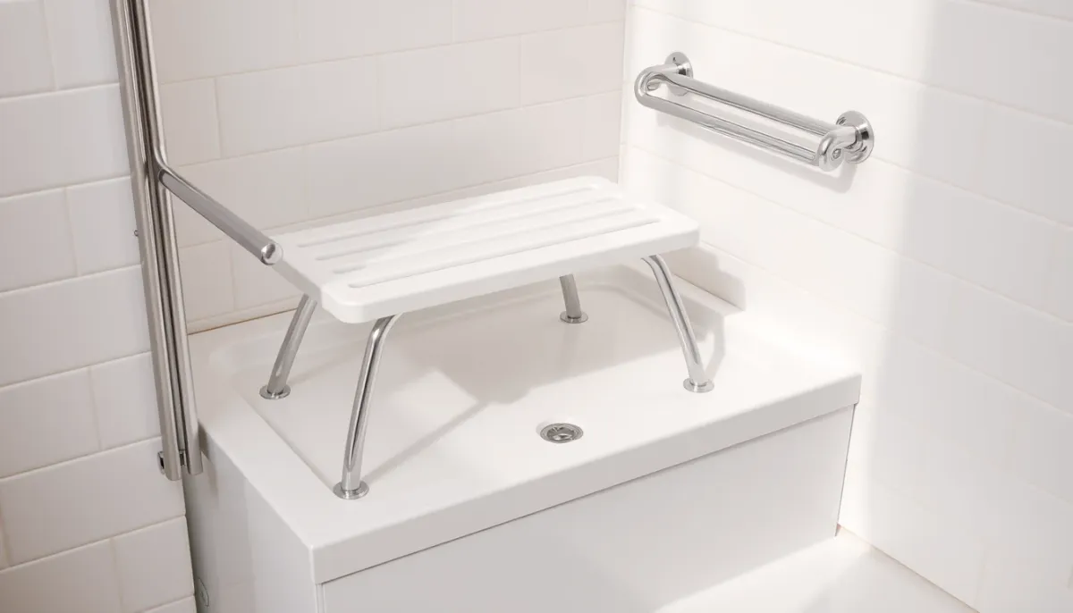 Receveur extra-plat antidérapant avec siège rabattable et barres de maintien dans une douche sénior