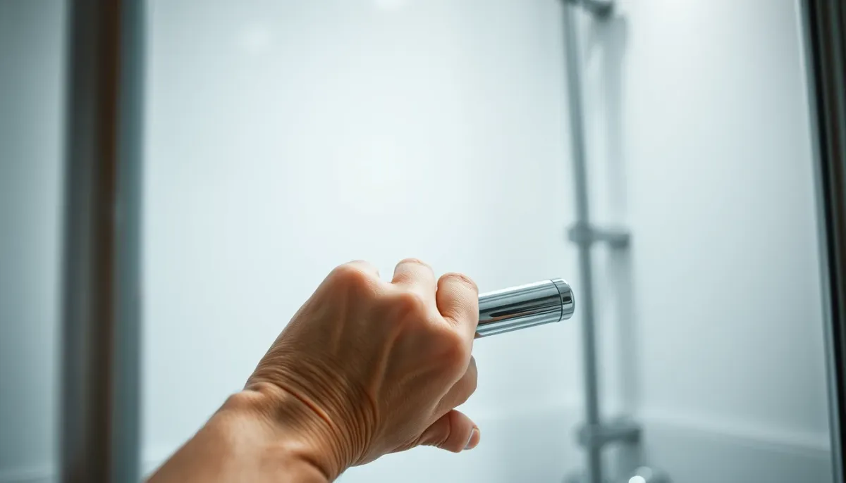 Mains d'une personne âgée s'appuyant sur une barre de maintien dans une douche sécurisée