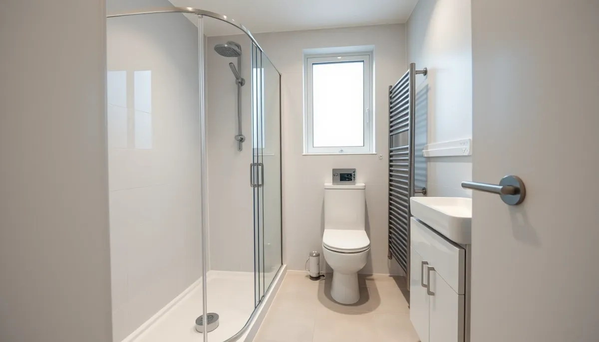 Salle de bains compacte de 6 m² optimisée avec douche, WC suspendu et meuble vasque