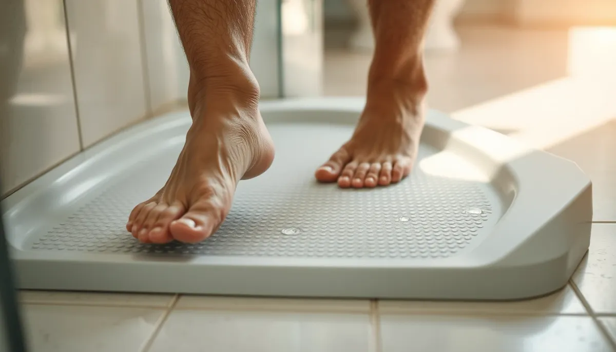 Gros plan sur les pieds d'une personne âgée posant le pied sur un receveur de douche antidérapant mouillé