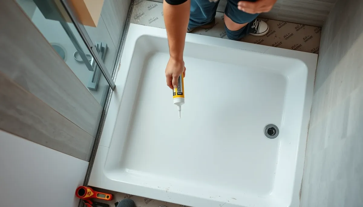 Artisan appliquant du joint d'étanchéité autour d'un receveur de douche lors de la pose