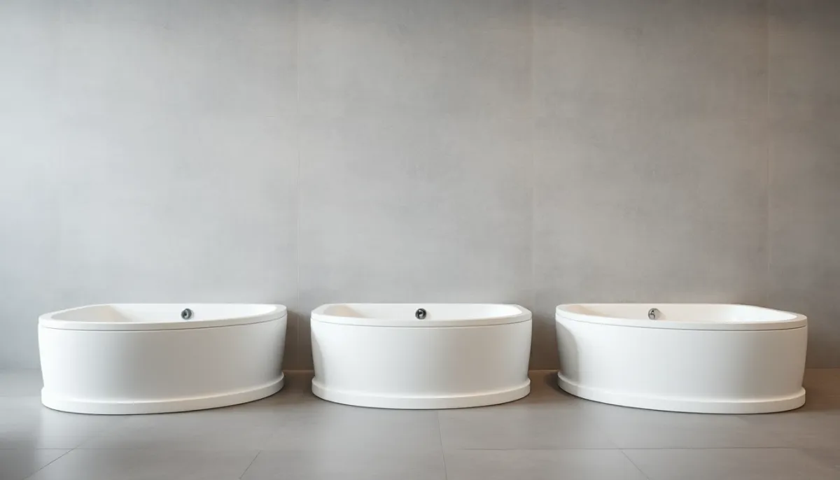 Comparatif visuel de trois receveurs de douche de marques différentes présentés en showroom