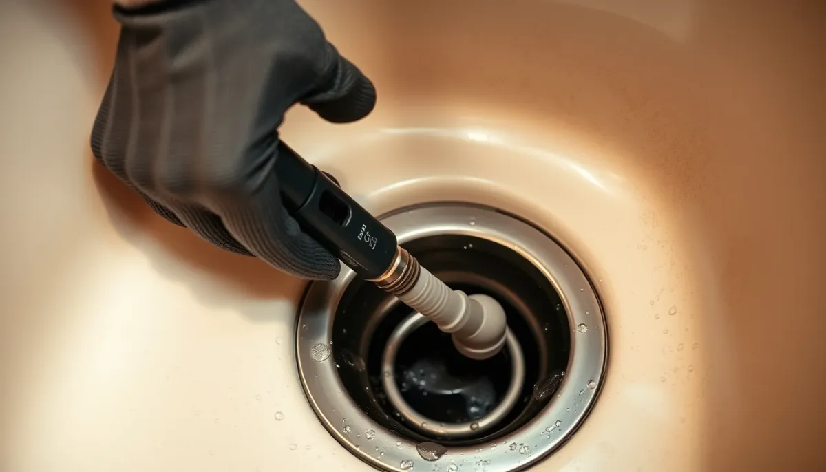 Mains utilisant un furet manuel dans une canalisation d'évier de cuisine, vérification avant d'appeler un plombier