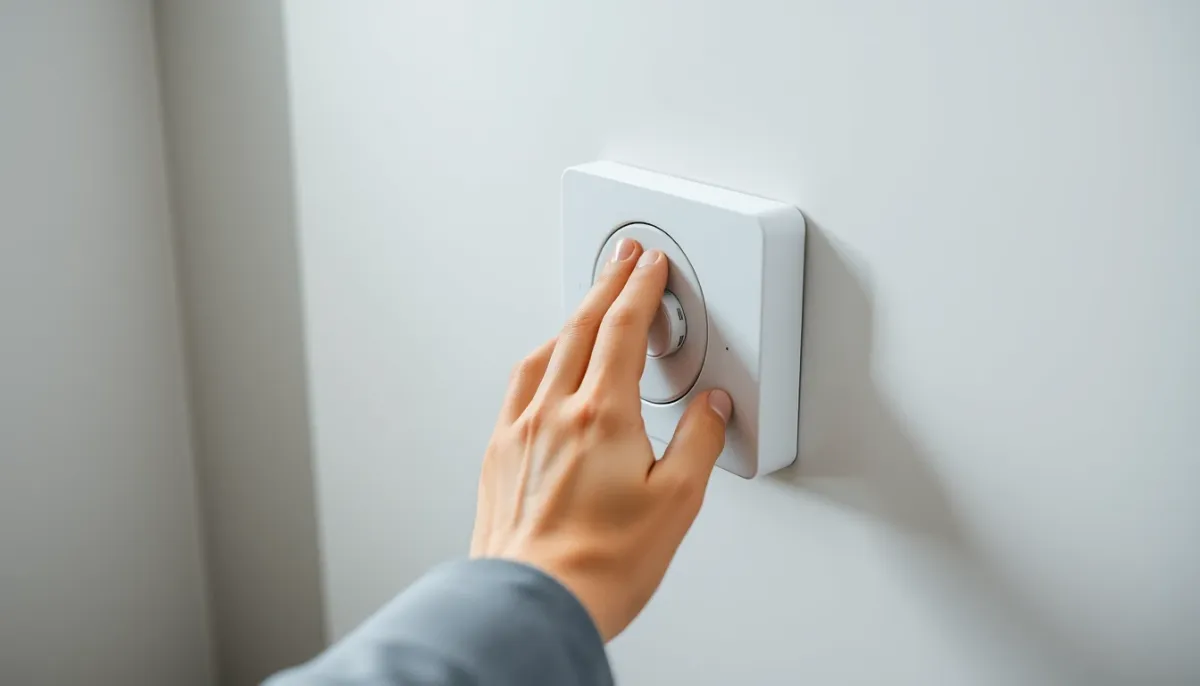 Main actionnant la plaque de commande double chasse d'un WC suspendu Geberit