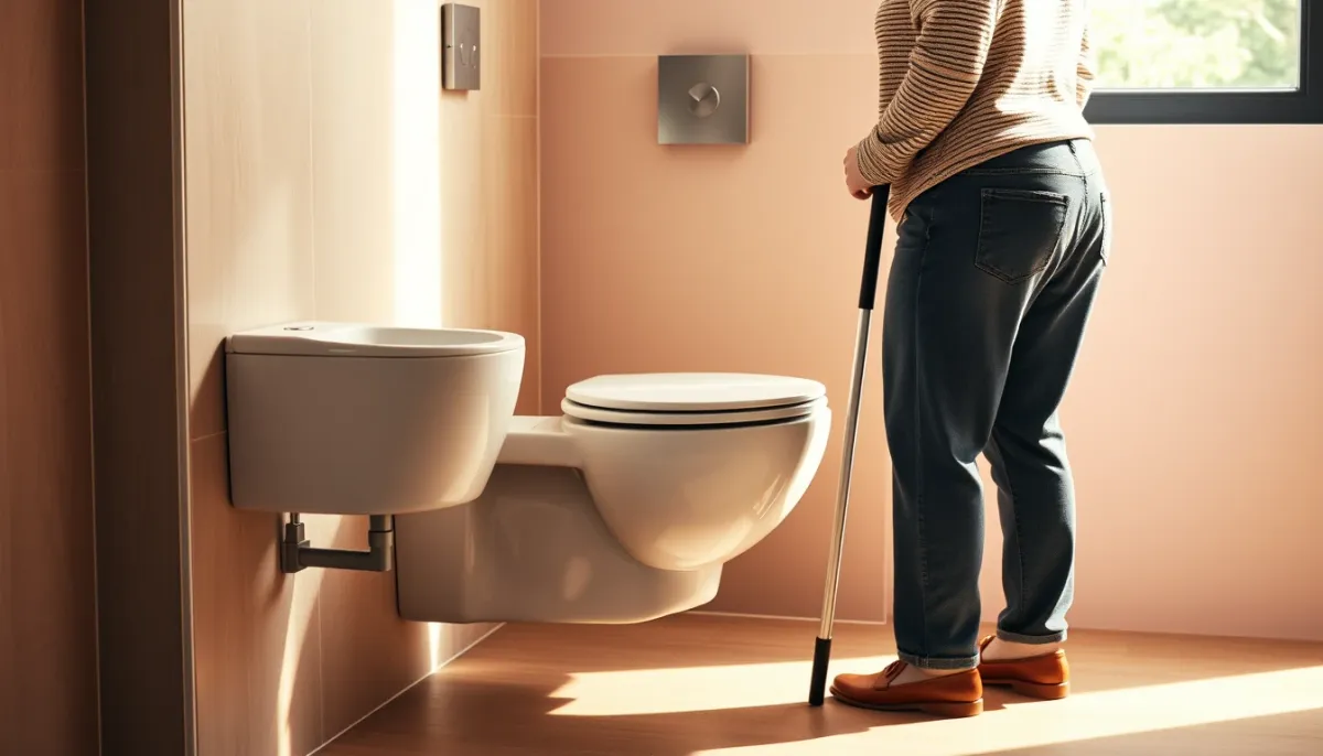 WC suspendu Geberit réglé en hauteur pour une personne âgée ou à mobilité réduite