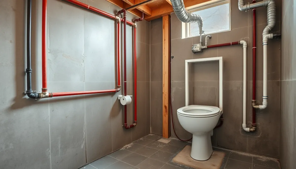 Chantier de rénovation de salle de bains avec plomberie apparente et bâti-support