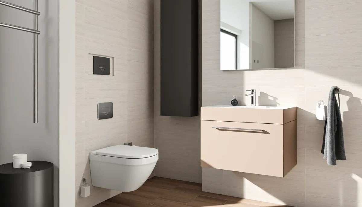 Salle de bains moderne avec WC suspendu et meuble vasque après travaux