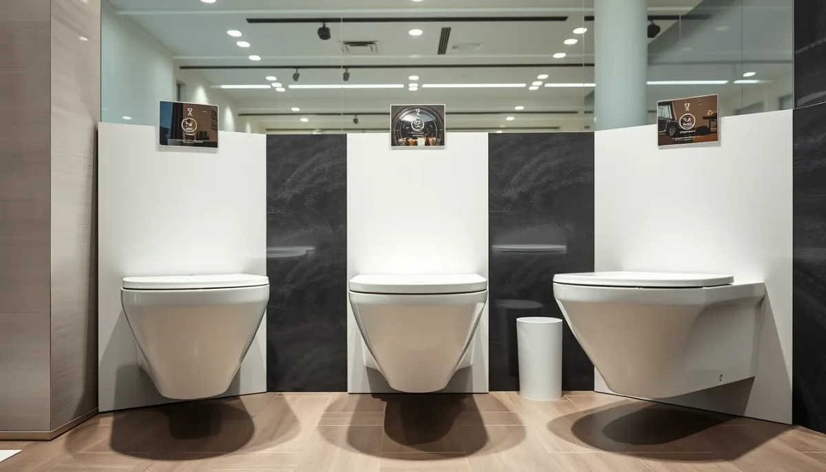 Comparatif de trois modèles de WC suspendus en showroom