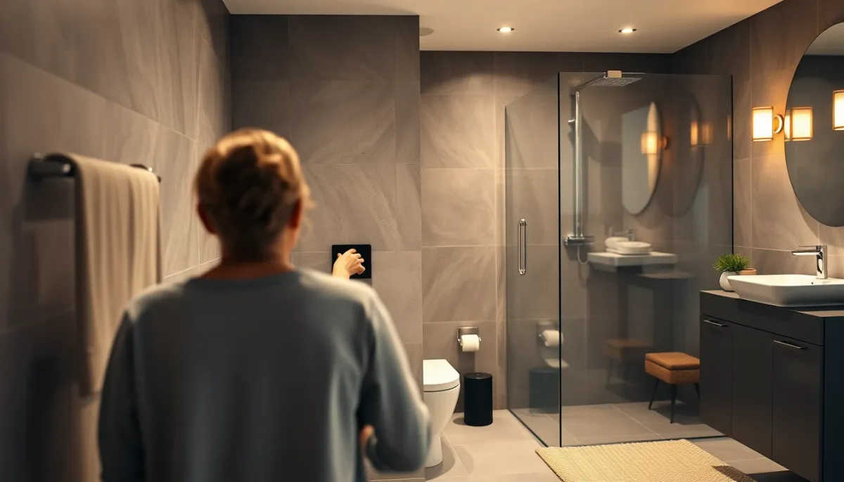 Personne utilisant un WC suspendu dans une salle de bains contemporaine