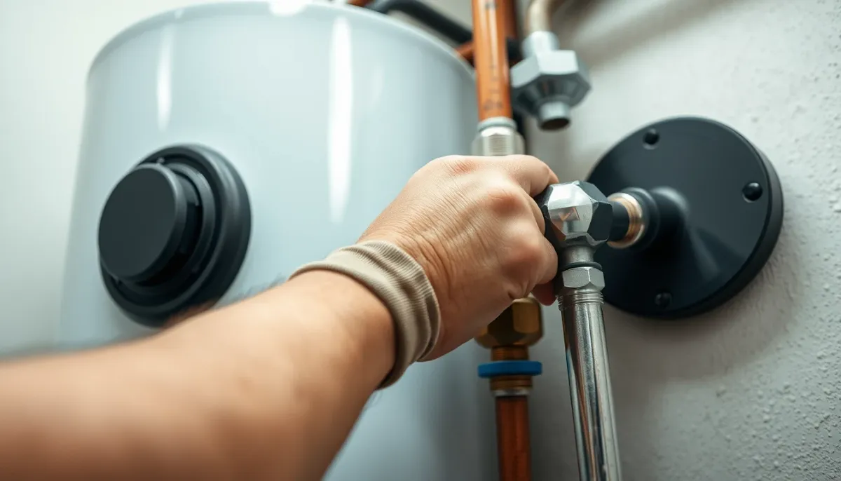 Installation d'un chauffe-eau thermodynamique par un plombier, gros plan sur les raccordements