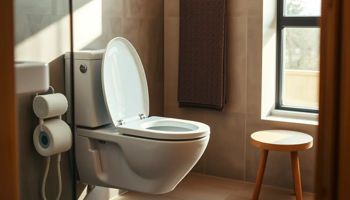 Personne utilisant un WC suspendu réglable en hauteur dans une salle de bains moderne