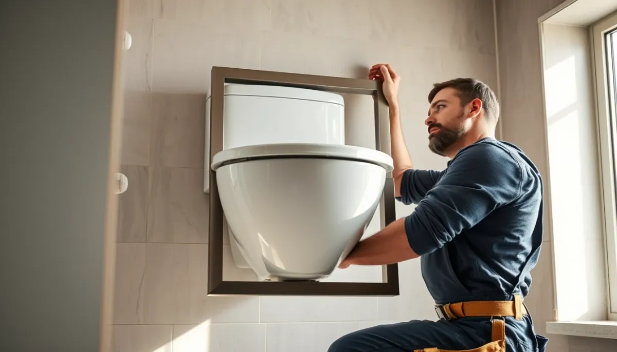 Plombier installant un bâti-support pour WC suspendu lors d'une rénovation