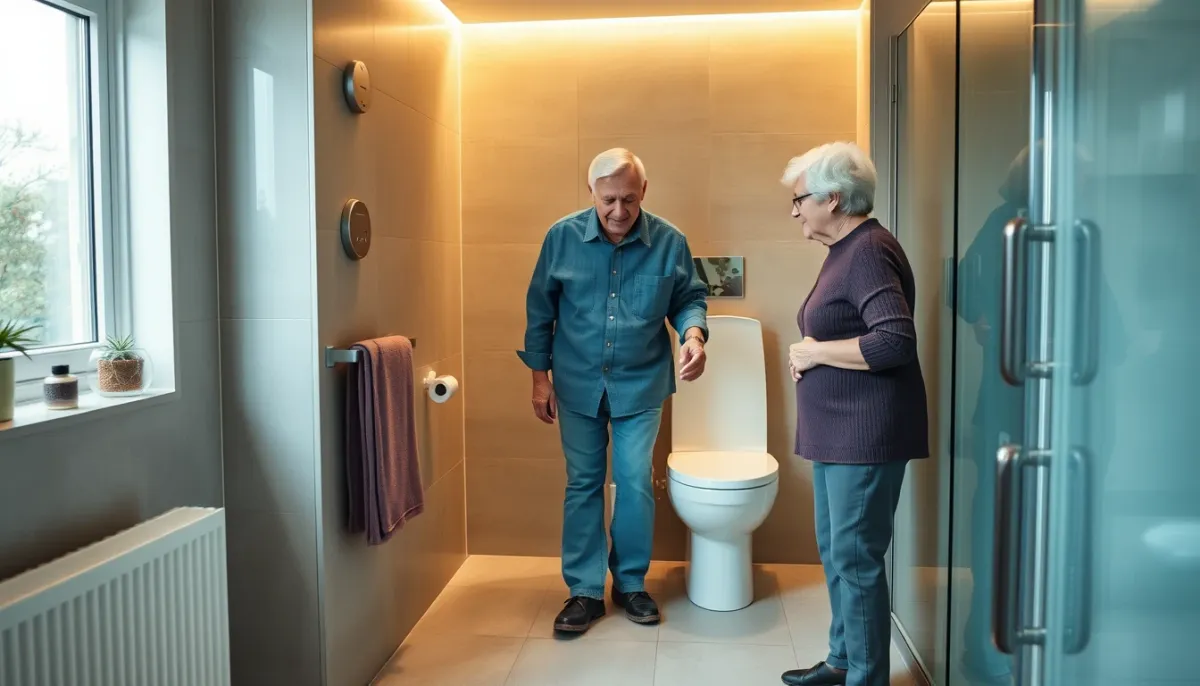 Couple de seniors dans une salle de bains équipée d'un WC suspendu confortable