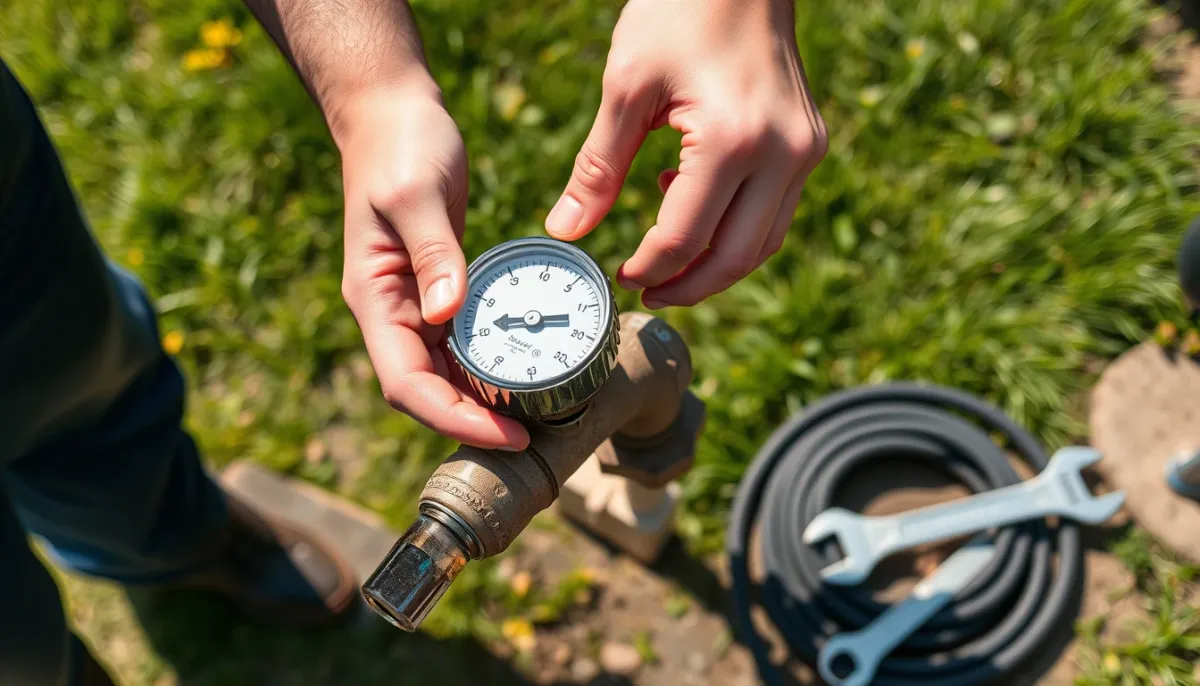 Vérification de la pression du réseau d'eau à l'aide d'un manomètre sur un robinet extérieur
