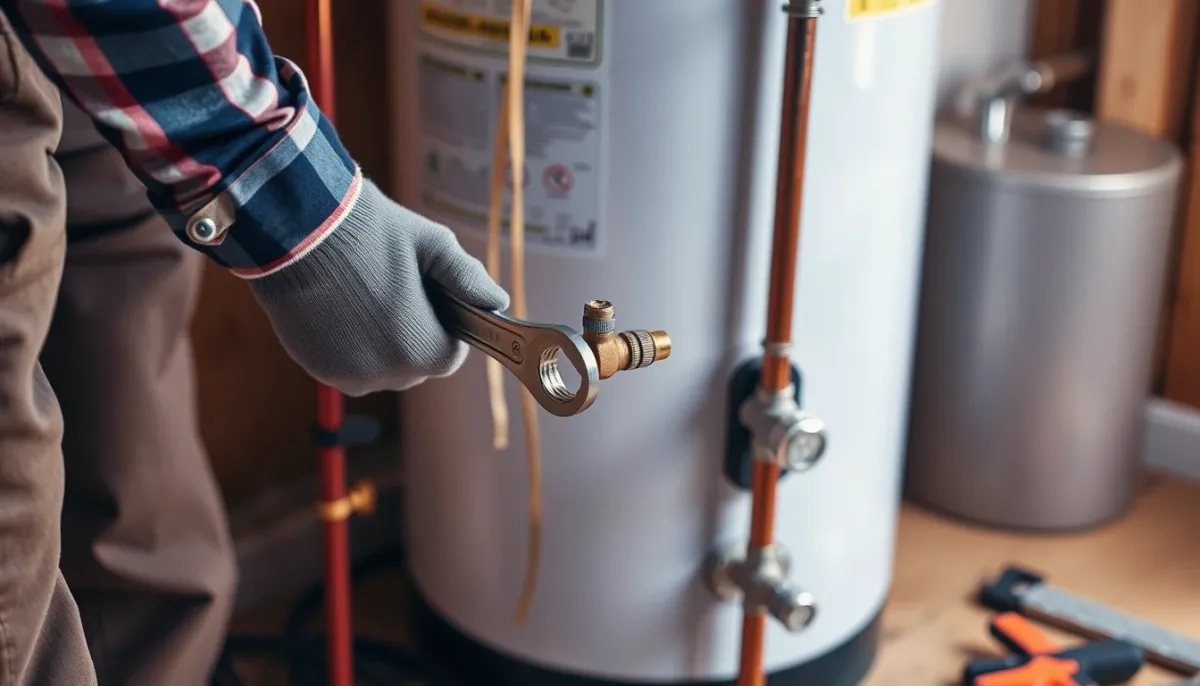 Plombier installant un nouveau groupe de sécurité sur un chauffe-eau thermodynamique