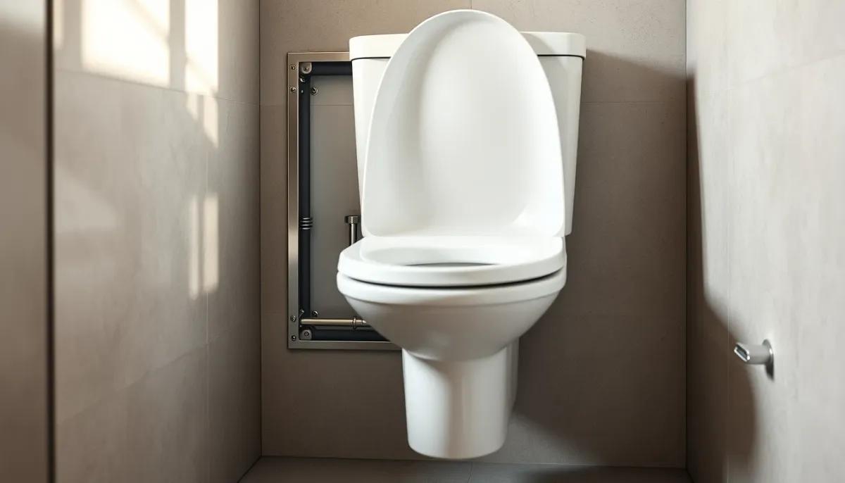 Vue technique du bâti-support et du réservoir encastré d'un WC suspendu Ideal Standard